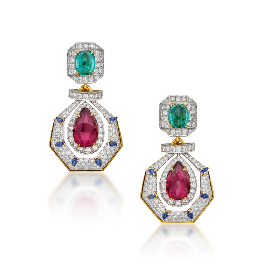 David Webb Rubby, Emerald, Diamond earrings