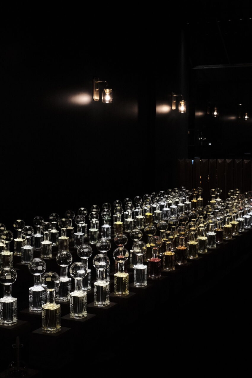 Perfume bottles on a table.