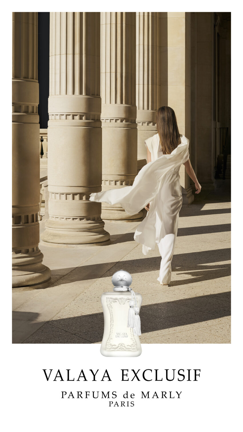 Marly Valaya Exclufif perfume bottle, and neoclassical columns.