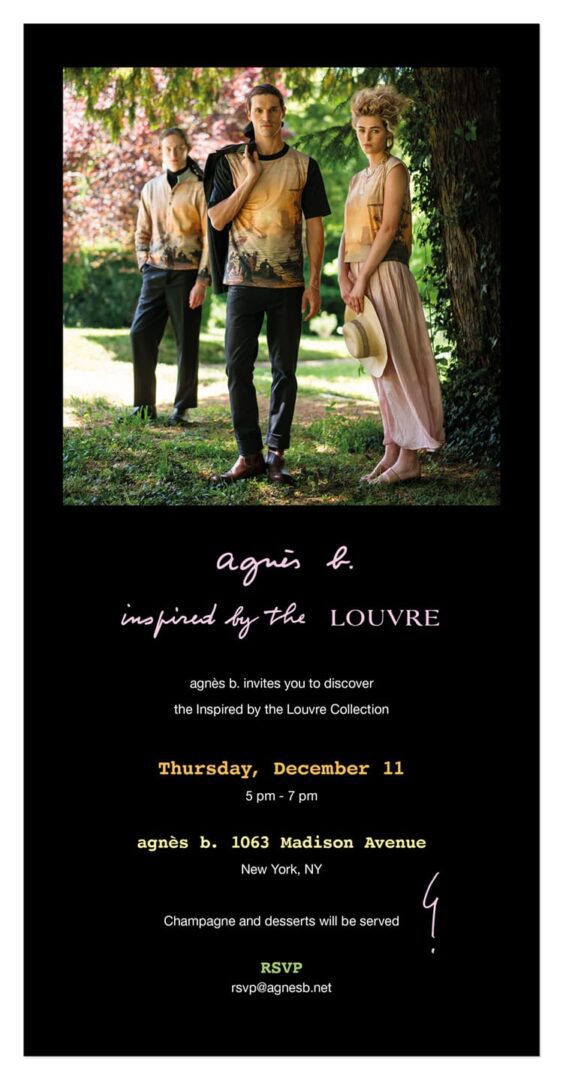 Fashion event invitation with models in garden.