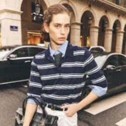 model wearing Gerard Dural striped sweater