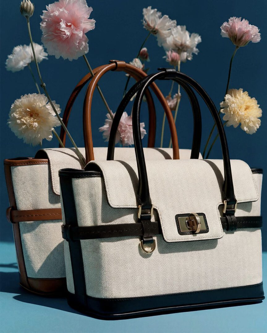 Two Max Mara tote bags with flowers in the background