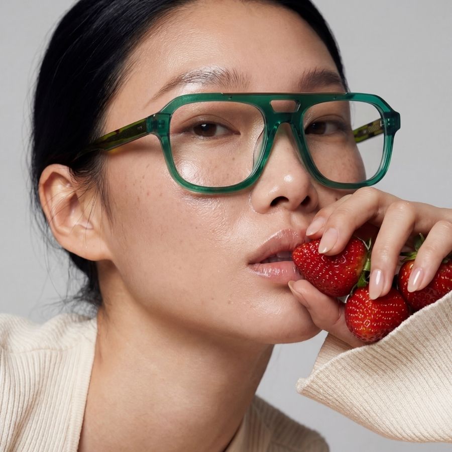 Model wearing green SEE eyeglasses