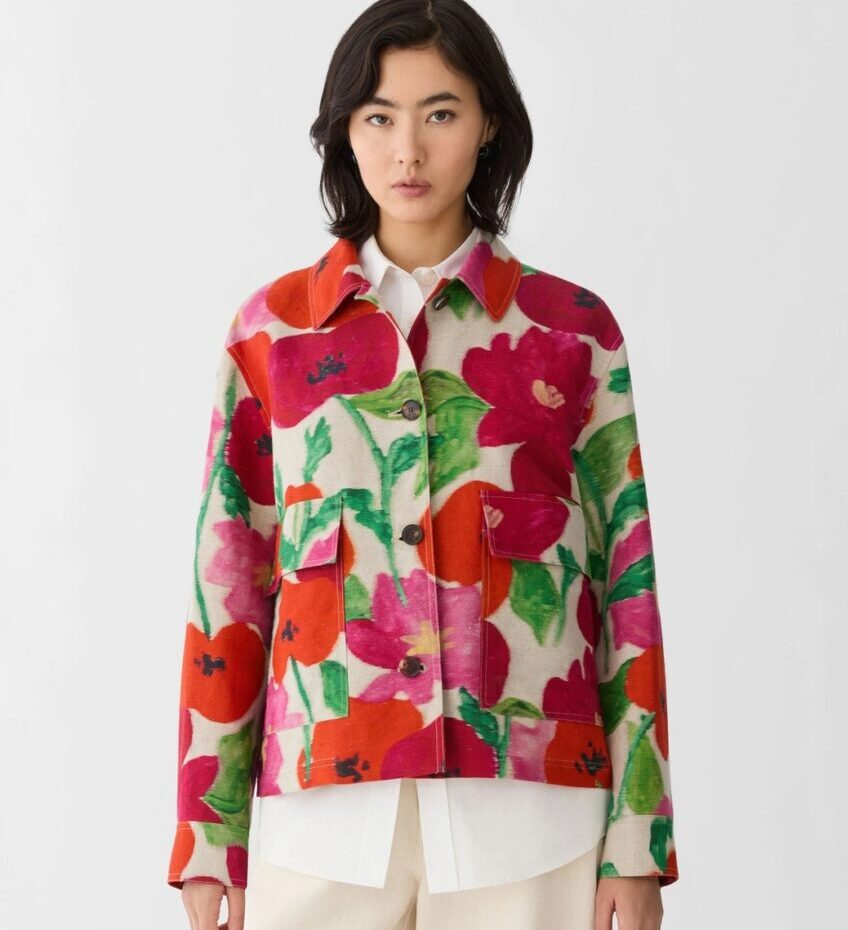 model wearing Lafayette 148 floral jacket