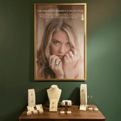 table with Augustine jewels displayed and photo of model