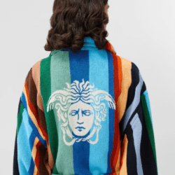 Model wearing Versace robe