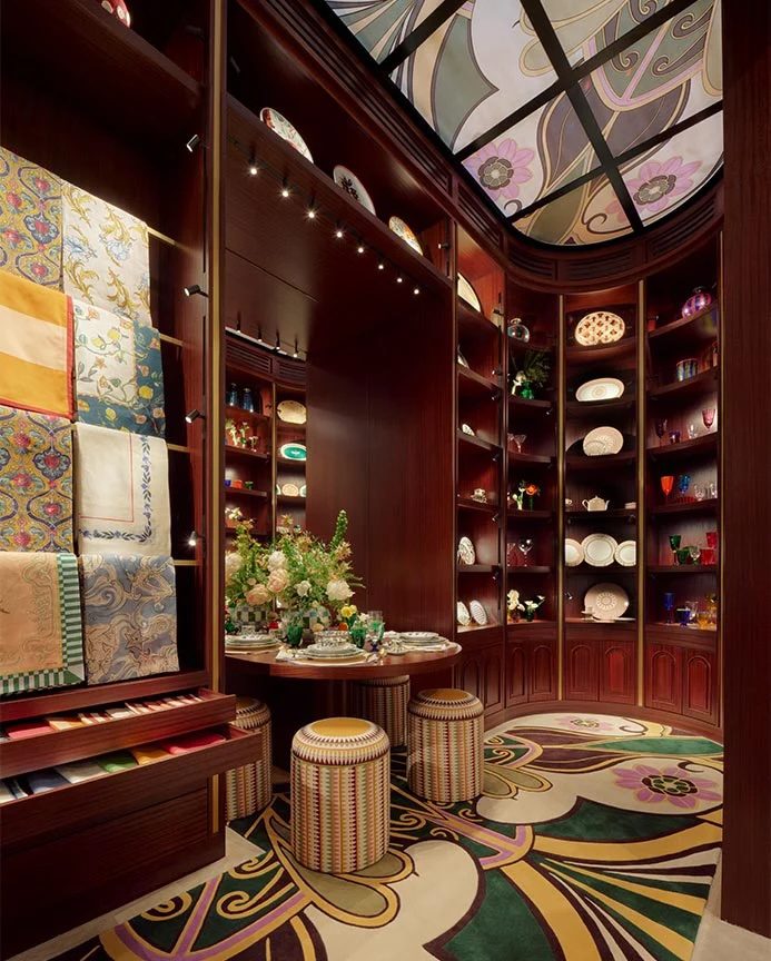 la doubleJ interior madison avenue, wall of plates and napkins