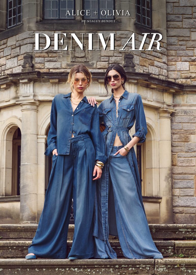 models wearing denim air outfits from Alice+Olivia