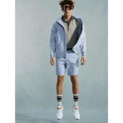 male model jumping wearing Bogner jacket and shorts