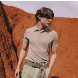 Male model wearing tan polo and tan pants from Falconeri