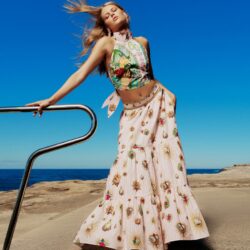 model wearing long skirt and halter from Camilla.