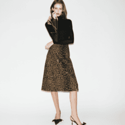 model wearing Carolina Herrera black turtleneck, leopard skirt and black shoes