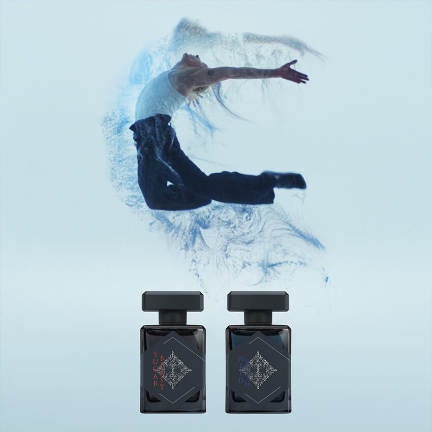 man jumping over 2 initio perfum bottles