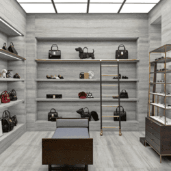 Thom Browne Fashion boutique interior with clothing and accessories.