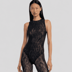 Model wearing black lace wolford unitard