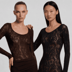 Two models wearing black lace long sleeve unitard from Wolford