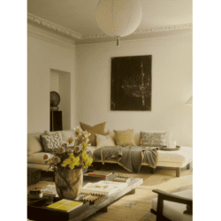 living room with white coach and frette throw blanket