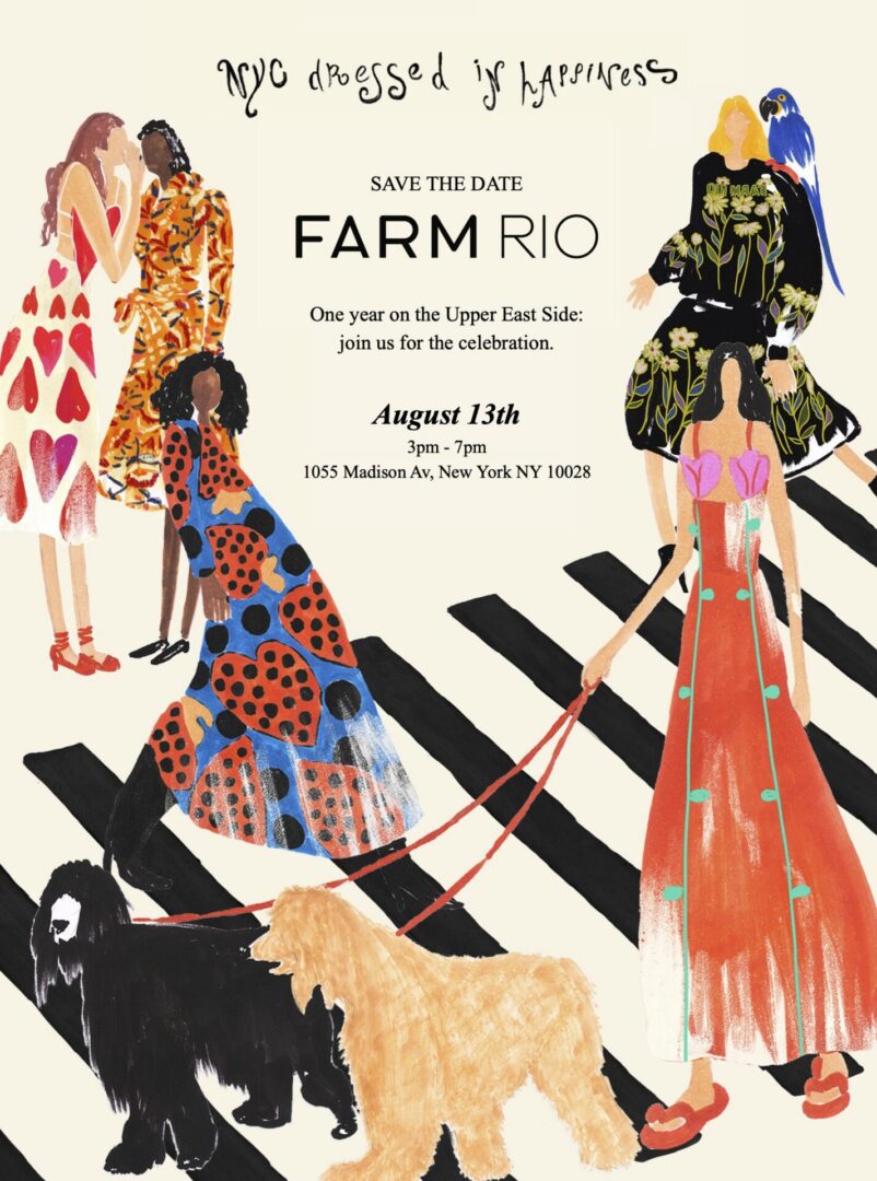 Illustration of models in Farm Rio dresses walking dogs