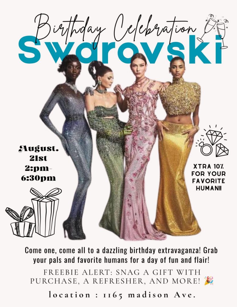 4 models wearing gowns and swarovski jewels