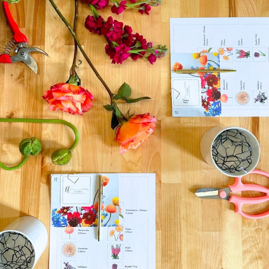 desk with flatlay of roses floral sketches for Tanya Taylor invitation