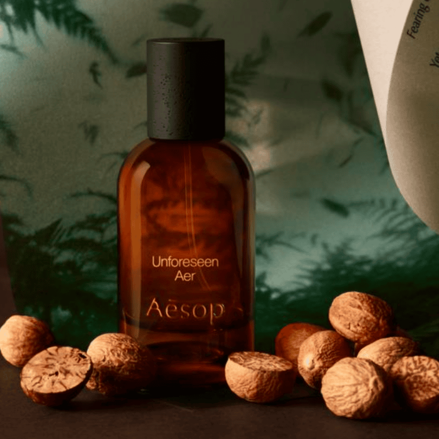 Bottle of Aesop fragrance and nutmeg
