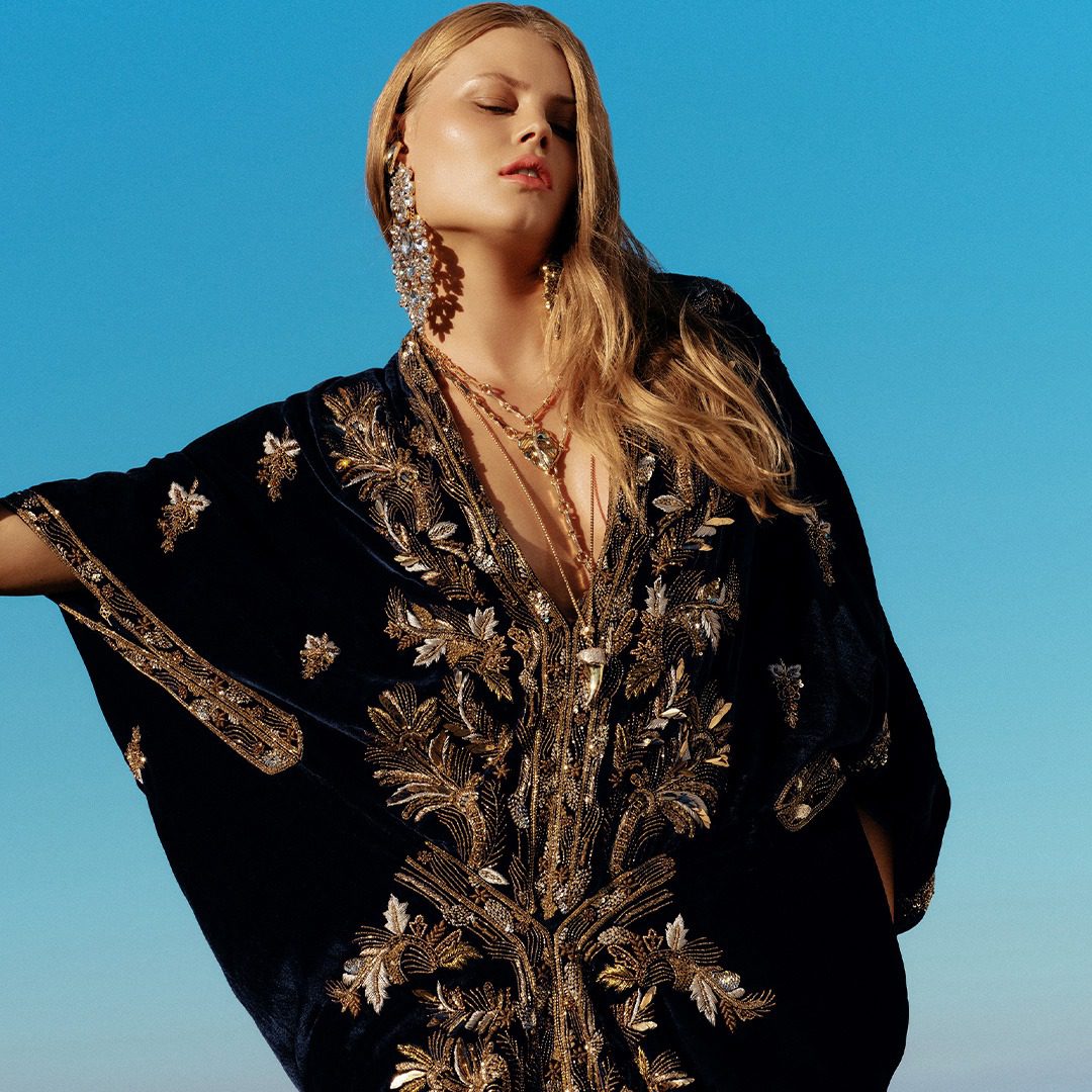 Model wearing black print Camilla dress