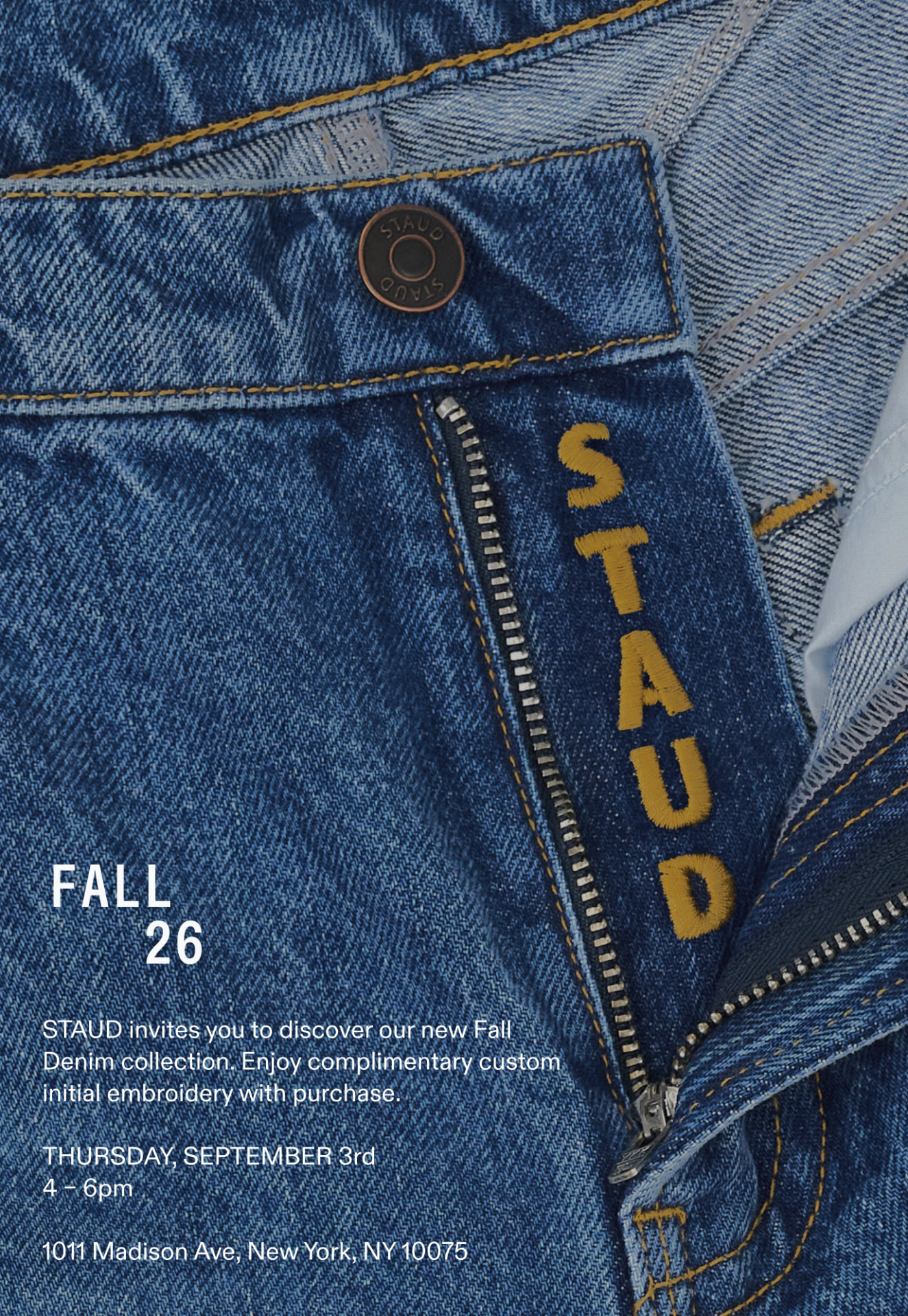 Denim pants with zipper STAUD embroidered on flap