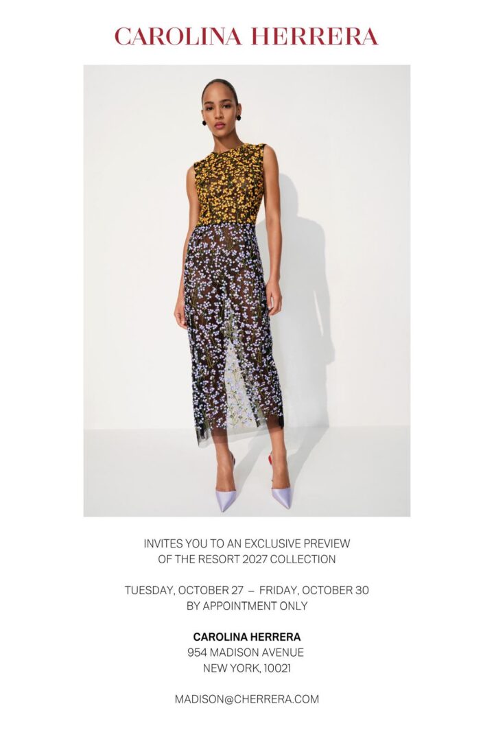 model wearing yelloe and black Carolina Herrera dress