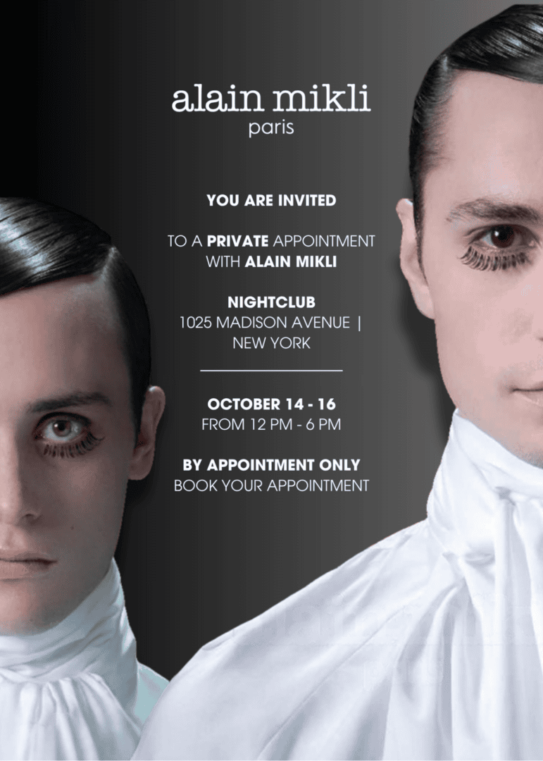 Alain Mikli invitation two models half portrait wearing white shirts