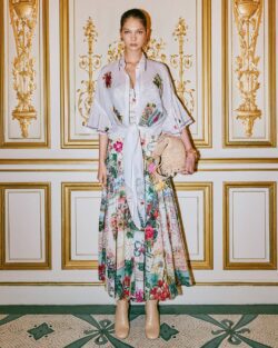 model wearing Camilla print dress with white shirt