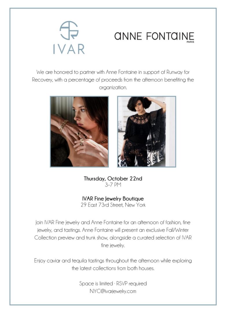 Invitation with Ivar jewelry and model wearing Anne Fontaine black jumpsuit