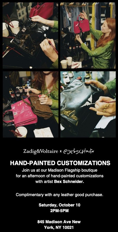 several photos of artist painting on Zadig & Voltaire handbags