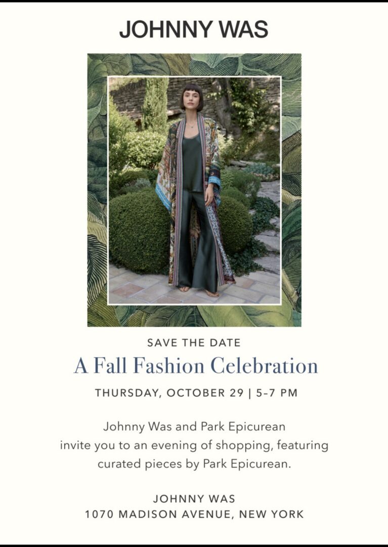 Model wearing Johnny Was black pants and print kimono